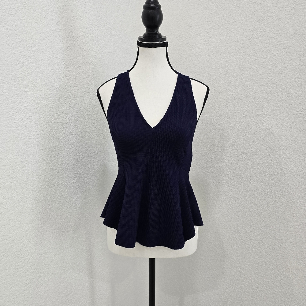 Zara Peplum Sleeveless V-Neck Scuba Top Size Small Navy Blue